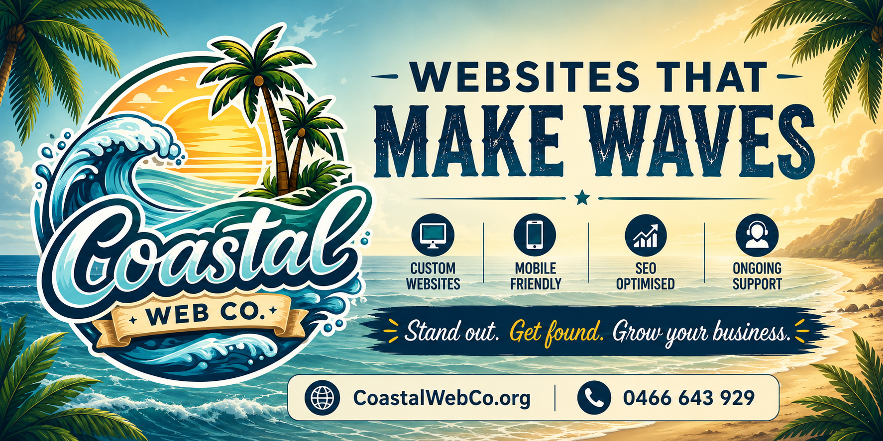 Coastal Web Co — Websites that make waves. Custom websites, mobile friendly, SEO optimised, ongoing support.