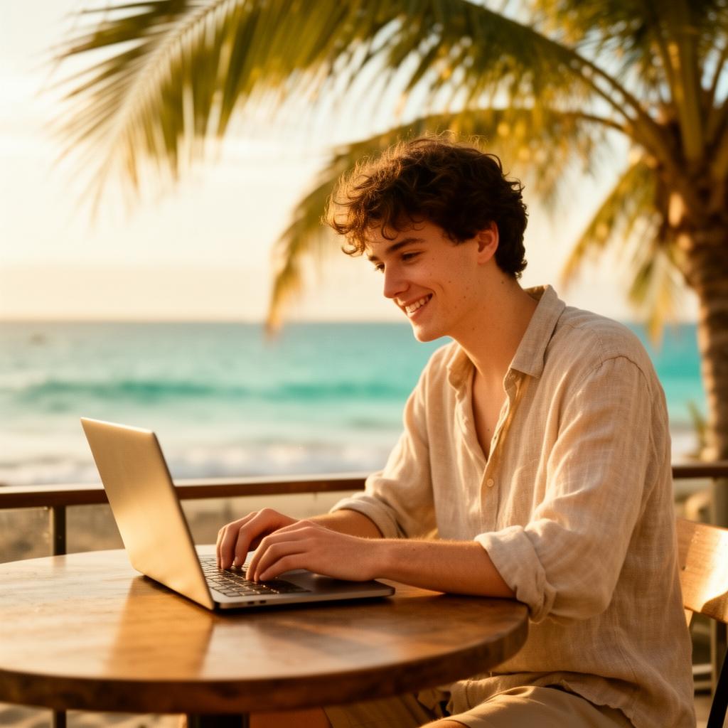 Friendly young Australian web designer working at a beachside cafe